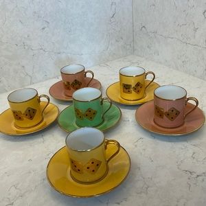 ROYALE FRANCE LIMOGES SET6 COFFEE LITRON CUP/SAUCER GREEN/YELLOW/PINK PLAY CARDS